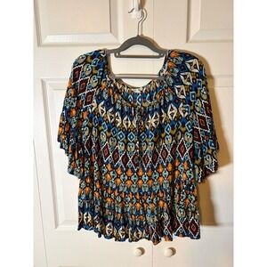 Cato Womens Plus Size 18/20W Ikat Geometric Print Peplum Blouse Blue Orange Boho